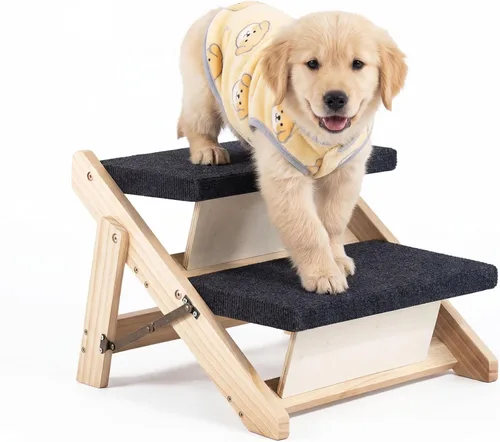 MEWANG Wood Pet Stairs/Pet Steps - Escalera y rampa plegable de 2 niveles para perros, perfecta para camas y coches - Escalera portátil para