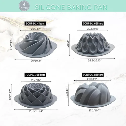 Miniatura 3 de Tongjude 4 Piezas de Bandejas de Silicona para Pastel con Estrías, Bandejas de Tubo para Hornear de 6/7/8 Tazas, Bandejas de Hornear Antiadherentes