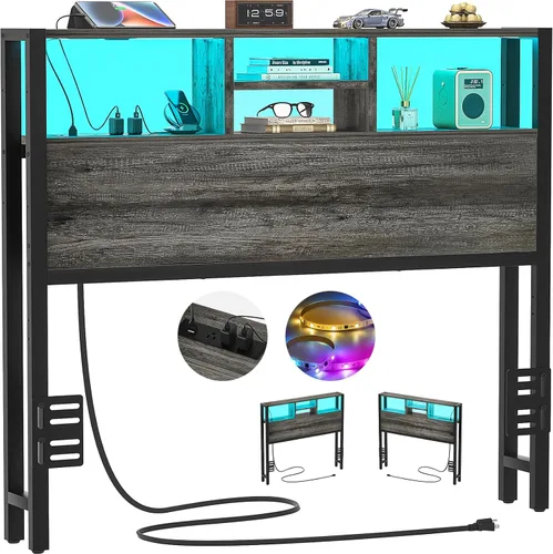 Miniatura 12 de Cabecero Aheaplus para Cama Individual con Almacenamiento, Cabeceros con Enchufes, Puertos USB y Luz LED, Cabecero Individual Solo, Altura
