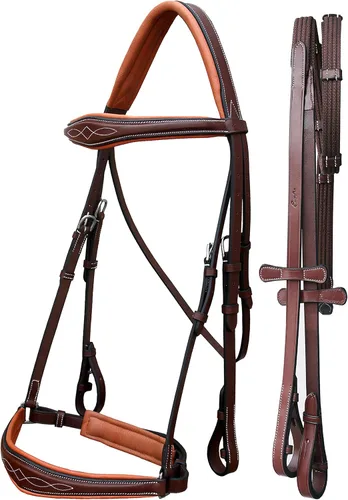 Miniatura 7 de Exion Dressage Brid: forro suave, forma anatómica y costuras de diseñador en banda de cejas y banda nasal viene con riendas de tela equipadas con un