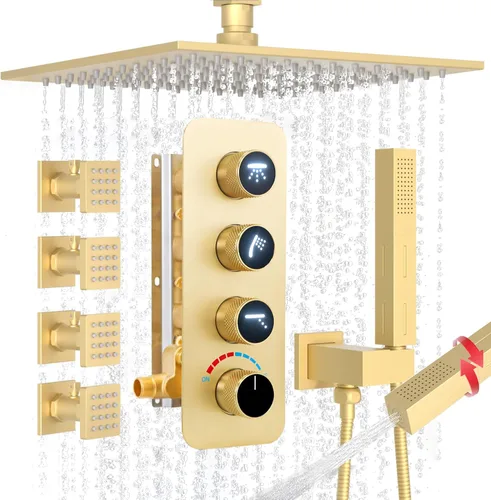 Miniatura 11 de Enga Sistema de cabezal de ducha doble, cabezal de ducha LED de lluvia de 14 x 20 pulgadas con cabezal de pared de 6 pulgadas, juego de grifo de Oro