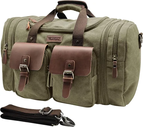 Miniatura 17 de Wildroad Bolsa de viaje de lona de 50L, bolsa de lona expandible de cuero genuino, bolsa de fin de semana mejorada para una noche, bolsa de mano
