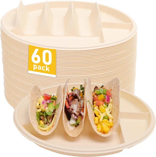 LUVCOSY Platos desechables grandes de 10 pulgadas, 3 tacos y 4 lados, soporte biodegradable para tacos de almidón de maíz, tortilla suave y dura,