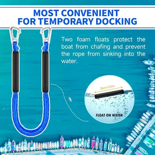 Miniatura 8 de Líneas de muelle elástico para barcos, cuerda flotante sin fregadero con ganchos dobles, amarre de lancha resistente para muelle para pontón jet ski