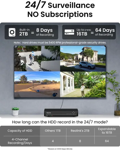Miniatura 8 de REOLINK Sistema de cámara de seguridad 4K, 4 cámaras de torreta con cable H.265 PoE con detección de vehículos personales, 4K/8MP 8CH NVR con disco