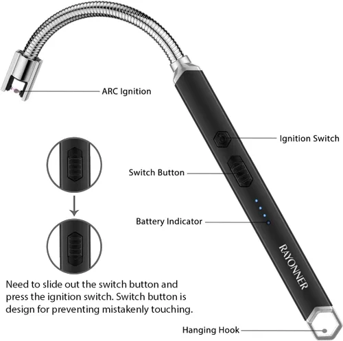 Miniatura 3 de Rayonner Encendedor de velas eléctrico recargable por USB, resistente al viento, encendedor de arco de plasma con cuello flexible para frascos Negro