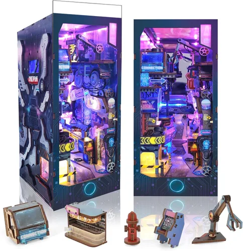 Cyberpunk - Kit de rincón de libros para bricolaje, kit de casa en miniatura tecnológico, inserto de rincón de libros para estantería casa de