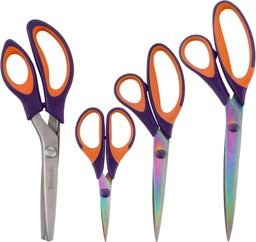 BambooMN Juego de tijeras de titanio Softgrip – Rosado, costura, arte, manualidades, oficina – 1 juego de 4 – morado con naranja 4 piezas moradas