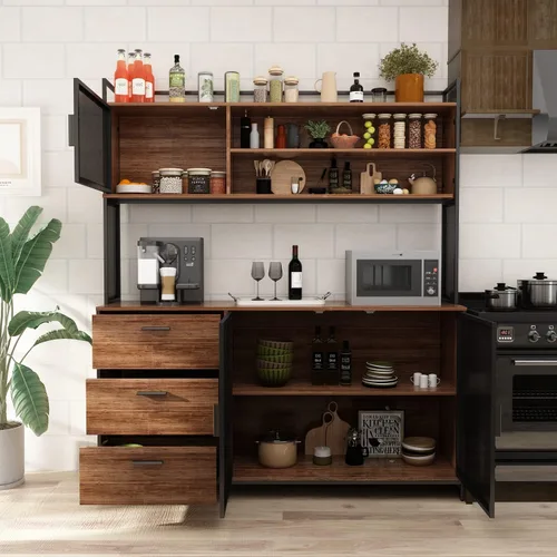 Miniatura 10 de AGOTENI Armario grande de cocina, armario de almacenamiento con 3 puertas de metal, 3 cajones y estante para microondas, para almacenamiento abierto