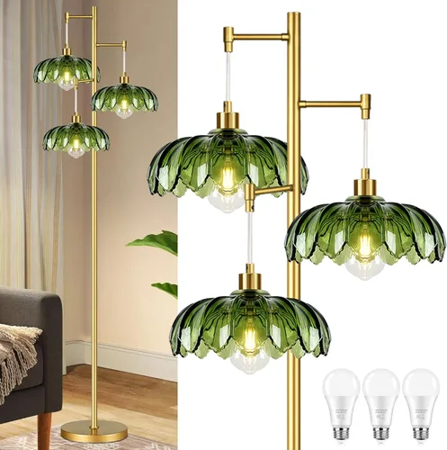 Lámparas de pie doradas para sala de estar lámpara de pie vintage con forma de L de vidrio y tres bombillas led, lámpara de pie verde de latón