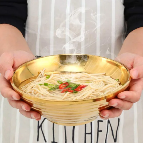 Miniatura 4 de Juego de tazones de sopa de fideos japoneses para ramen, 2 juegos (7.09 pulgadas) dorado de doble capa de acero inoxidable 18/8 con palillos y Oro