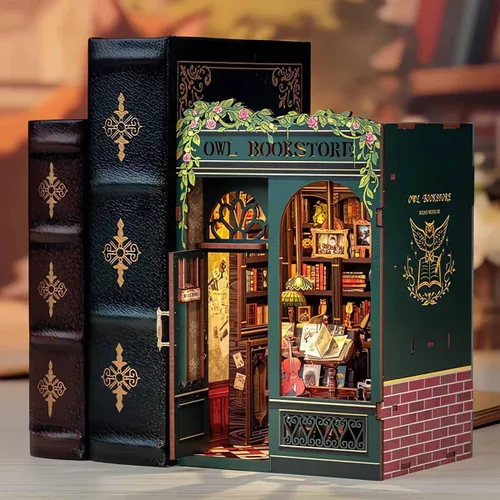 Miniatura 2 de Hands Craft Kit de bricolaje en miniatura para rincón de libros, librería de búhos, encantadora biblioteca nocturna, diseño caprichoso, encanto