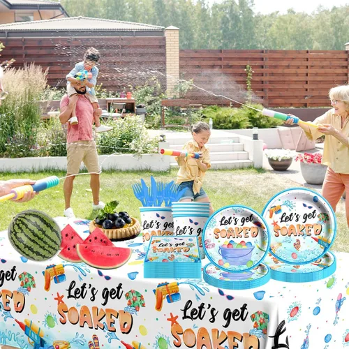 Miniatura 5 de Decoraciones de fiesta de verano, juego de vajilla de 142 piezas para fiesta de pistolas de agua, incluye platos y servilletas, mantel, bandera