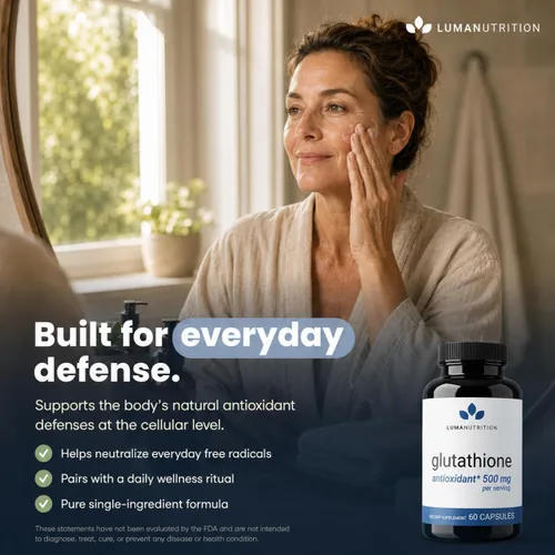 Miniatura 5 de Luma Nutrition Suplemento premium de glutatión - 500 mg - L-glutatión - Soporte antioxidante - Reducido - Soporte hepático - 60 cápsulas