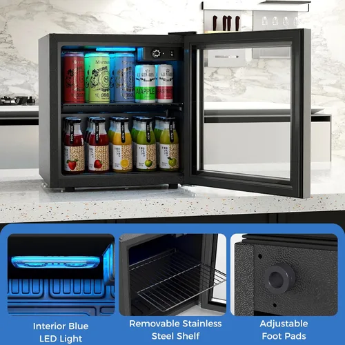 Miniatura 9 de COSTWAY Refrigerador de bebidas, 1.3 pies cúbicos, 12 botellas y 55 latas, mini refrigerador con puerta de vidrio templado, estante extraíble