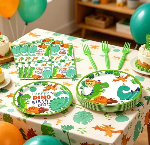Miniatura 5 de Juego de 160 platos para fiesta de cumpleaños de dinosaurio, platos de feliz cumpleaños, platos, servilletas de dinosaurio T-Rex para decoración