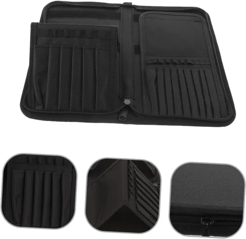 Miniatura 5 de DOITOOL Elegante soporte para brochas de maquillaje de lona, organizador de 15 bolsillos para cosméticos ordenados, negro, 11.8 x 11.0 in