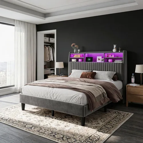 Miniatura 13 de Homkdom Base de cama de tamaño matrimonial, cabecera tapizada de canal vertical con estantes de almacenamiento, marco de cama de terciopelo con Beige