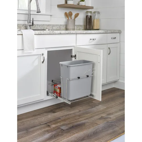 Miniatura 2 de Rev-A-Shelf Bote de basura extraíble universal de 20 cuartos de galón para gabinete de cocina de alambre metálico deslizante con cesta trasera