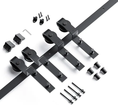 Miniatura 7 de EaseLife Kit de herrajes para puerta corrediza doble de granero de 5 pies, pista única, se desliza suavemente silenciosamente, fácil de instalar