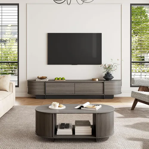 Juego de Mesa de Centro y Soporte para TV de 2 Piezas, Centro de Entretenimiento con 2 Cajones, Consola de TV Moderna de 78.7'', Mesa de Centro Gris