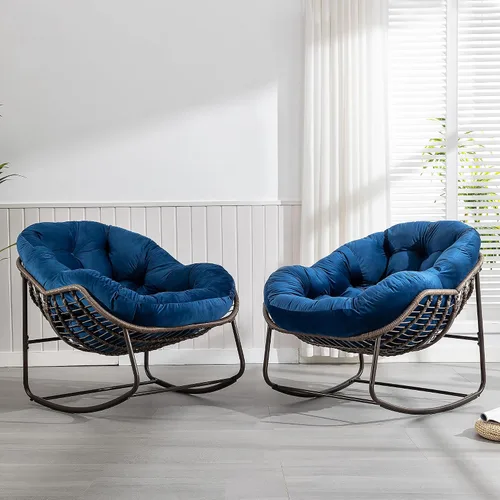 Miniatura 27 de HOMEFUN Juego de 2 mecedoras para patio al aire libre, sillas Papasan Rock de gran tamaño para interiores con cojín acolchado, asiento de huevo