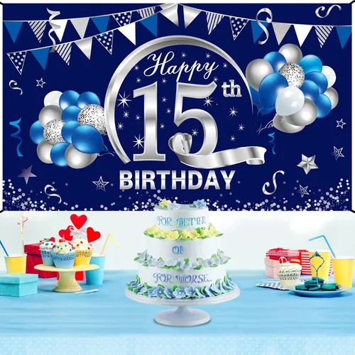 Miniatura 4 de Cartel de cumpleaños número 15 azul y plateado para niños, suministros de fiesta de fondo de cumpleaños de 15 años, póster de quince cumpleaños