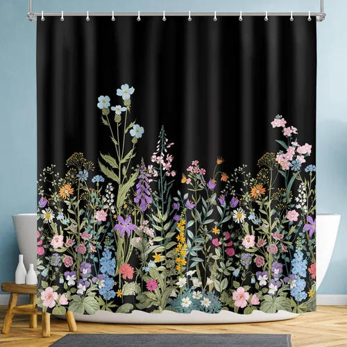 Cortina de ducha Lalumix negra floral, cortinas de ducha con flores para baño con 12 ganchos, juegos de cortinas de ducha de tela de poliéster