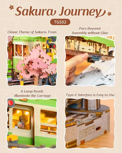 Miniatura 5 de Rolife Sakura Journey Tram - Rompecabezas de madera 3D para adultos, kits de construcción de modelos de bricolaje con luces LED, regalo creativo