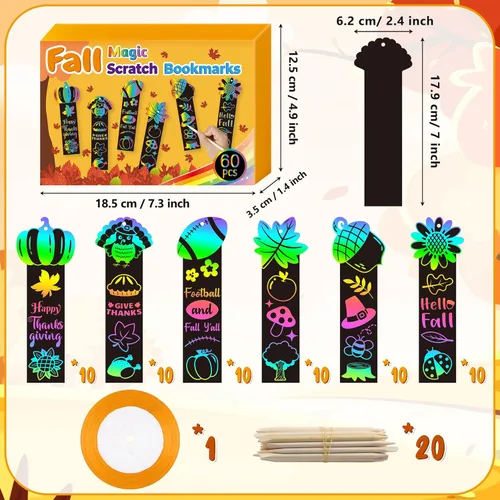 Miniatura 2 de BeYumi 60 marcapáginas de rascar de cosecha de otoño para niños, bricolaje, hoja, otoño, calabaza, pavo, arte mágico, arco iris, kit de manualidades