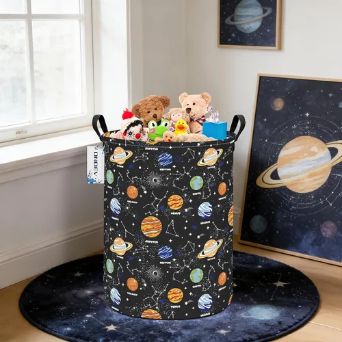 Miniatura 7 de Cesta de lavandería para niños, grande, plegable, redonda, con sistema solar, con temática espacial, organizador de planetas de tela impermeable