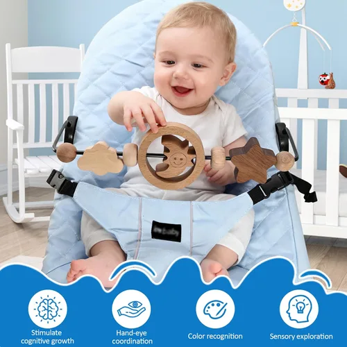 Miniatura 3 de Barra de juguete de actividad de madera natural para bebé Bjorn Bouncer, juguetes colgantes de luna sonriente giratoria de 360° para asiento