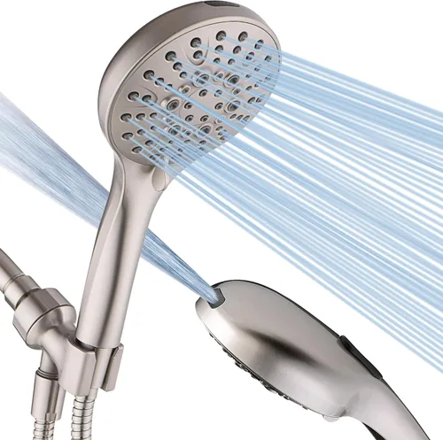 BRIGHT SHOWERS Cabezal de ducha de alta presión con mango, 9 ajustes de pulverización, cabezal de ducha con lavado a presión integrado para limpiar