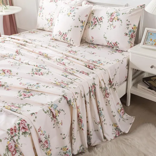 FADFAY Juego de sábanas con diseño floral de rosas rosas dulces, tamaño King, romántico, de algodón súper suave con bolsillo profundo, 4 piezas,