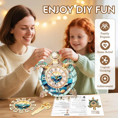 Miniatura 4 de Rompecabezas 3D para adultos, diseño de tortuga, kit de modelo, reloj mecánico de péndulo con números romanos, decoración de escritorio, hogar