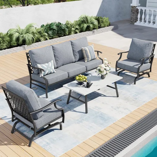 Miniatura 36 de SUNSHINE VALLEY Juego de muebles de patio, 4 piezas de muebles modernos de metal para exteriores, sofá de 3 plazas, 2 sillas mecedoras, mesa