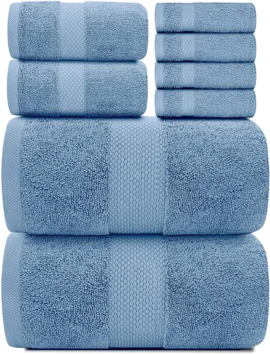 Miniatura 3 de White Classic Juego de 2 toallas de baño de lujo azul claro de 22 x 34 pulgadas y 8 toallas