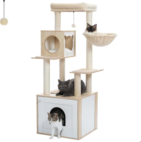 Árbol alto para gatos con recinto para caja de arena de 56.7" Torre de madera para gatos para gatos grandes con hamaca casa cama para gatos (madera