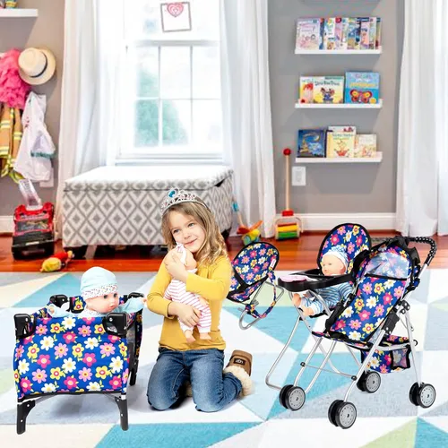 Miniatura 8 de fash n kolor El juego de 4 piezas para muñeca de bebé, diseño de flores, incluye paquete plegable y juego, cochecito de muñeca de bebé, silla alta 4