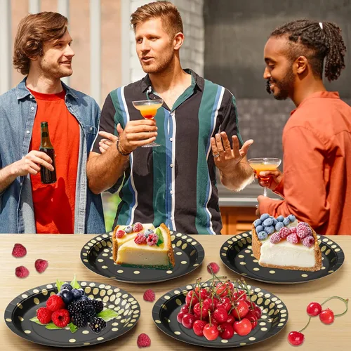 Miniatura 7 de DYLIVeS Plato de papel, paquete de 80 lunares negros y dorados, platos desechables de 7 pulgadas, redondo, casual, para todas las estaciones