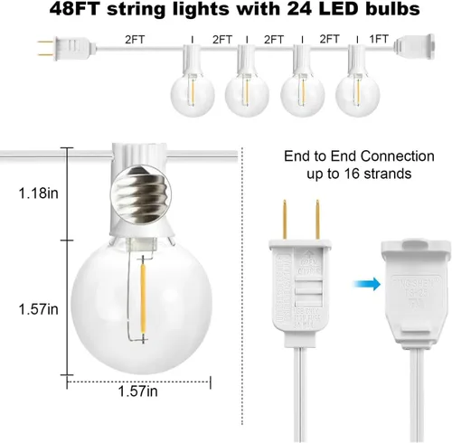 Miniatura 2 de SUNTHIN - Cadena de luces para exteriores blancas de 48 pies, luces de patio con 25 bombillas LED G40 inastillables (1 repuesto), luces colgantes