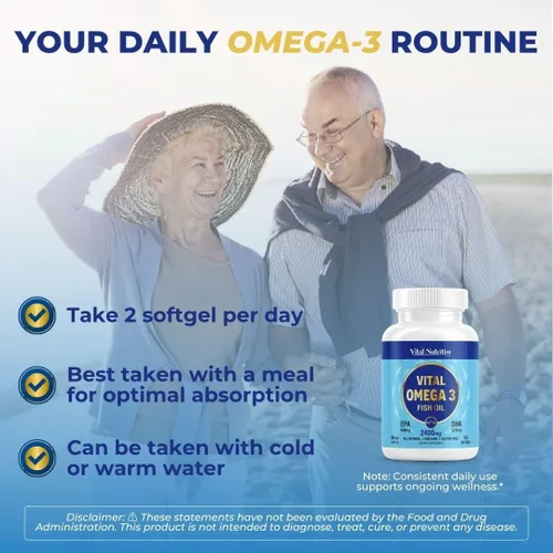 Miniatura 5 de Vital Omega 3 Suplementos de aceite de pescado de 2400 mg 864 mg de EPA y 576 mg de DHA 1440 mg de ácidos grasos omega-3 totales Promueve