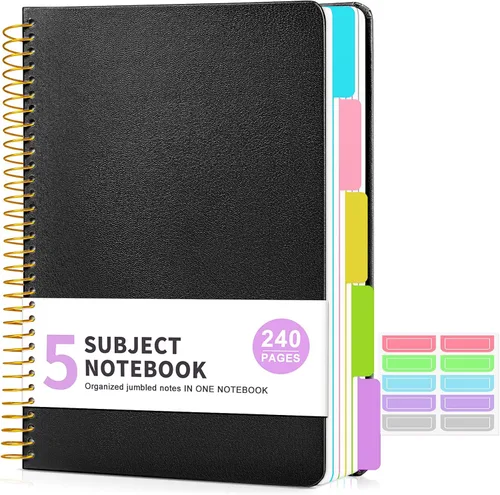 Cuaderno de 5 asignaturas con reglas universitarias y divisores de bolsillos removibles con pestañas, 240 páginas, cuaderno en espiral de 21.59 x