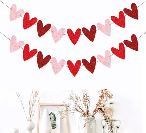 Miniatura 7 de XIANMU Paquete de 2 guirnaldas de corazón con purpurina para decoración del día de San Valentín, diseño romántico de corazón para aniversario, boda