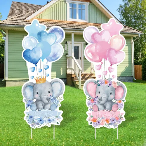 2 juegos de letreros de plástico para baby shower con estacas, decoraciones al aire libre para revelación de género, azul y rosa, letrero de patio