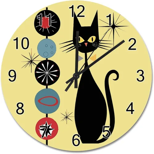 Miniatura 8 de ArogGeld Reloj de pared de gato genial, reloj de madera moderno de mediados de siglo, 10 silencioso, sin tictac, de cuarzo, funciona