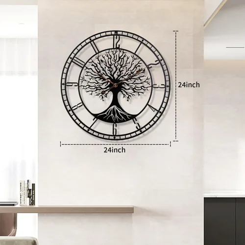 Miniatura 6 de Dankeit Reloj de pared con diseño de árbol de la vida, de metal negro de 24 pulgadas, reloj de pared de gran tamaño para sala de estar, dormitorio