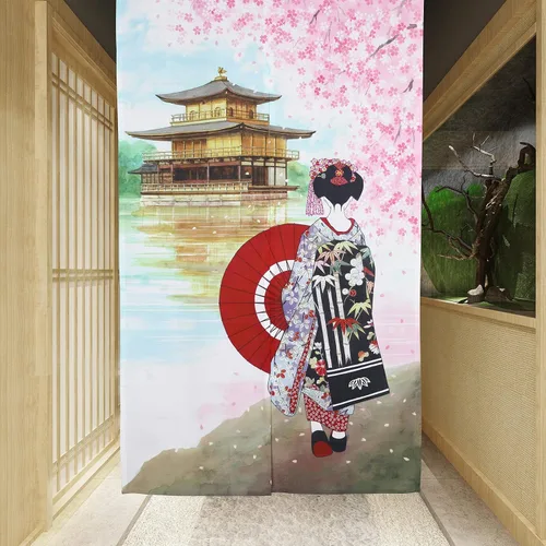 Miniatura 2 de Cortina japonesa Noren para puerta de Kyoto Geisha Girls con templo flor de cerezo para puerta de cocina, tapiz para decoración del hogar, 33 x 59