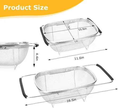 Miniatura 3 de ZDRongZhen Accesorios de Cocina Colador Escurridor Cesta Sobre el Fregadero, Colador de Acero Inoxidable con Agarre de Goma Expandible Escurridor