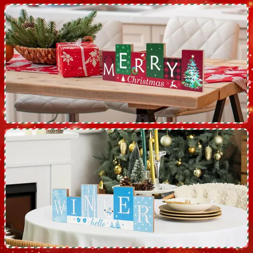 Miniatura 6 de Decoraciones de mesa de Navidad, centros de mesa de invierno de madera, Feliz Navidad, reversible, patrón de doble cara, letrero de pie para mesa